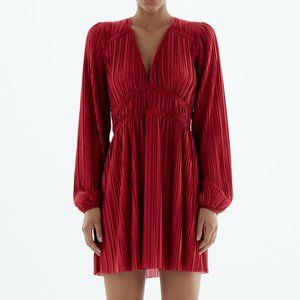 Zara - Pleated Long Sleeve Mini Dress - Red Wine Color